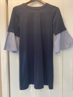 Luxology Navy Dress with White-Striped Bell Sleeves